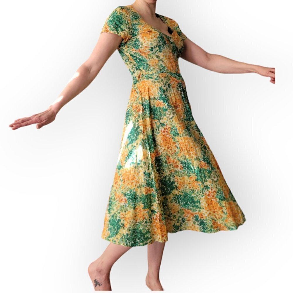 Vintage 1960s 1970s Floral Dress Green Orange Yellow Mad Men S/M Retro Outfit - Picture 14 of 15